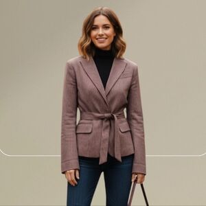 XS BCBGMaxazria Belted Blazer Pinstripe Woven Jacket Grey Linen Y2K